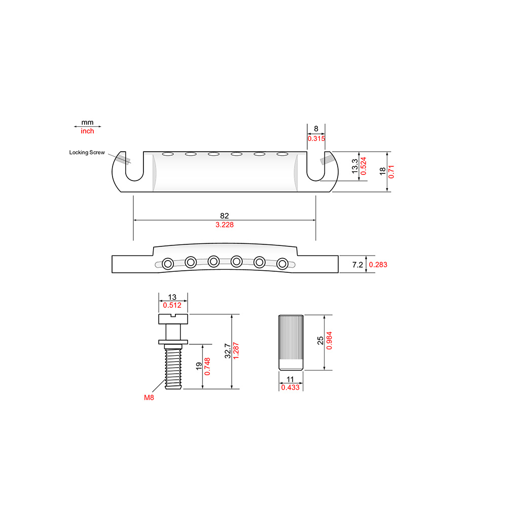 TonePros T1ZA-C Metric Aluminum Tailpiece クローム ギター用テールピース 寸法図