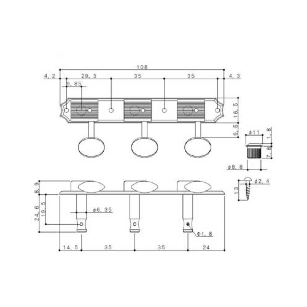 Montreux GOTOH Vintage Deluxe 3 on a plate tuning machines No.9130 ギターペグ サイズ図画像