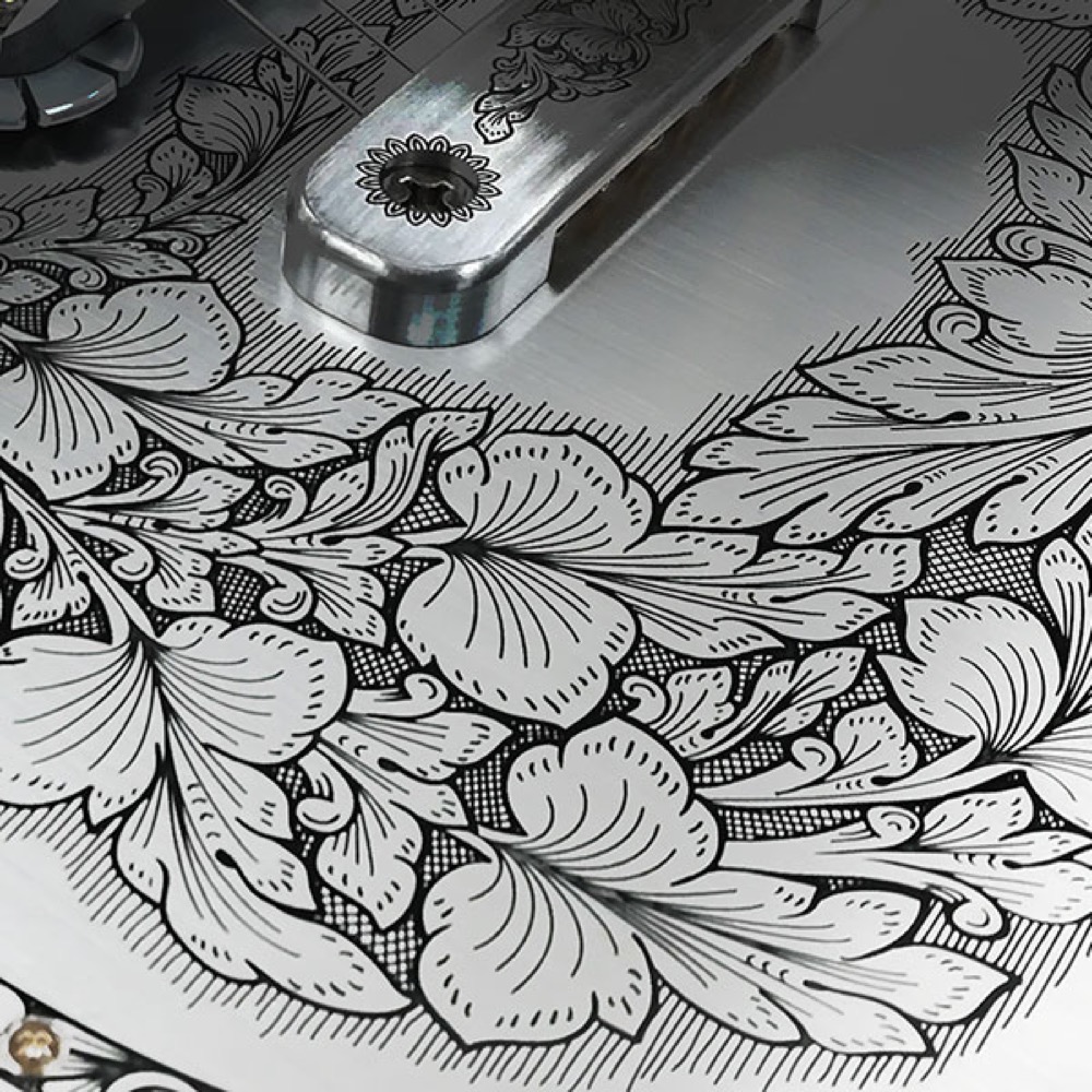 ZEMAITIS MFG-AC-24 BK Black エレキギター ゼマティス トップのメタルプレートはゼマイティスの伝統であるリーフ柄の彫金デザイン