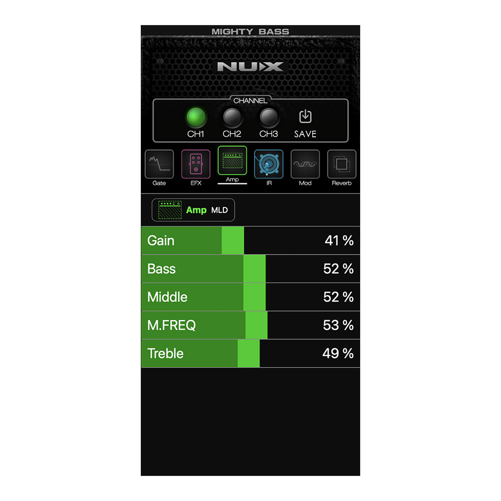 【予約受付中】 NUX Mighty Bass 50BT コンパクトベースコンボアンプ スマホアプリ画面