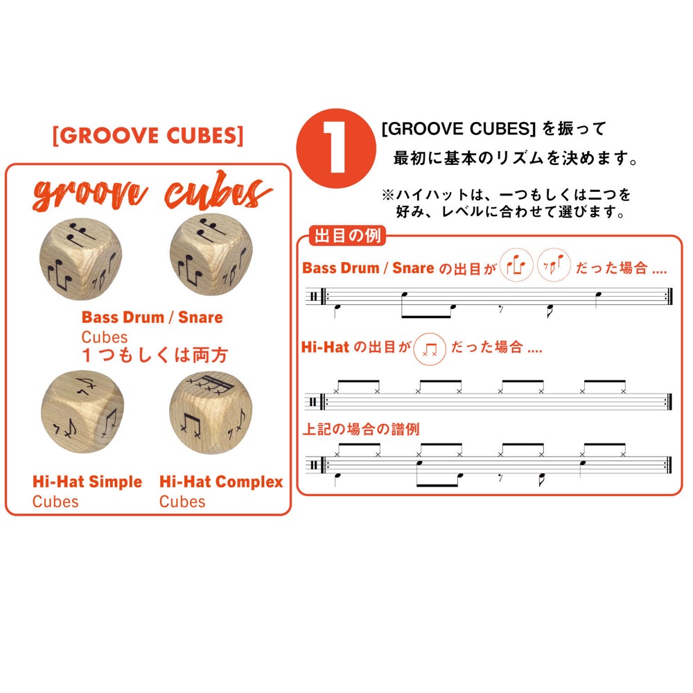 ROHEMA 618111 GROOVE CUBES テーブルゲーム 遊び方1
[GROOVE CUBES]を振って最初に基本のリズムを決めます。
※ハイハットは、一つもしくは二つを好み、レベルに合わせて選びます。

