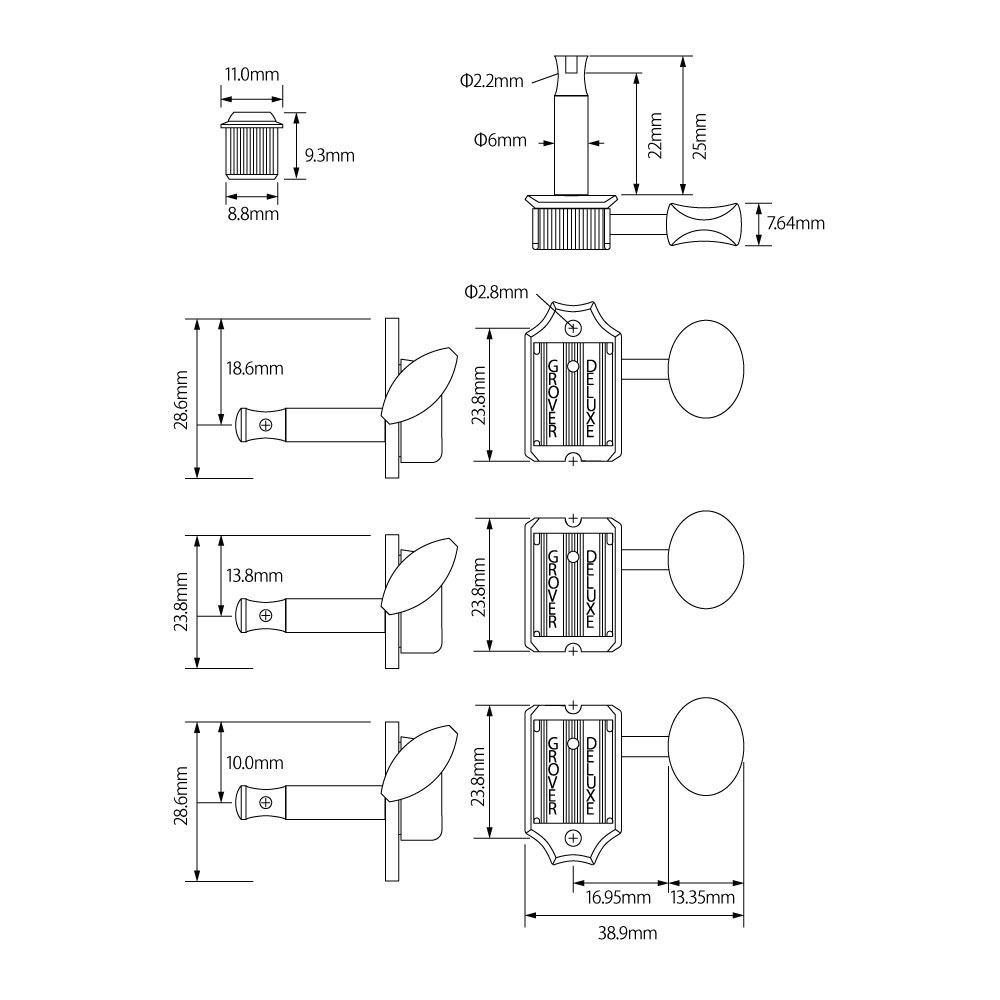 GROVER 133G6 Gold Deluxe Guitar Machines 133 Series ギター用ペグ 寸法図