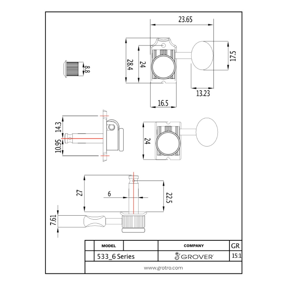 GROVER 533G6 Gold 6-in-line Vintage Locking 533 Series ギター用ペグ 寸法図