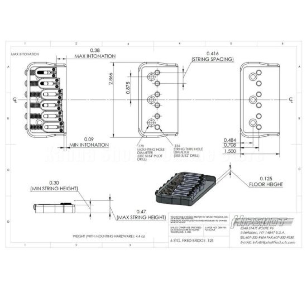 HIPSHOT 6 String Fixed Guitar Bridge Chrome 0.125 ギター用ブリッジ サイズ表