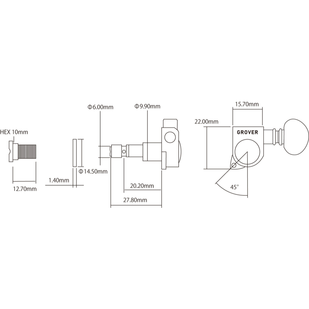 GROVER 406C ギターペグ サイズ画像