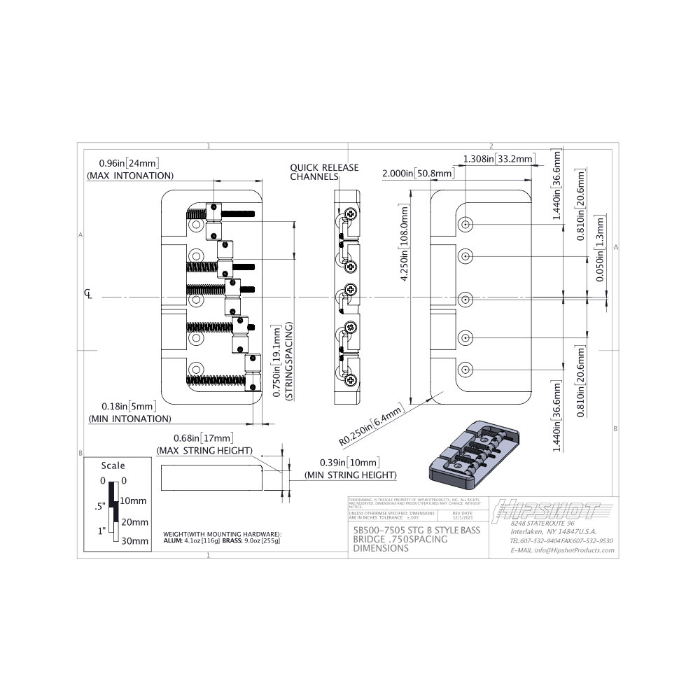 HIPSHOT 4 String B Style Bass Bridge -750 Space- Aluminum Chrome ベースブリッジ 寸法