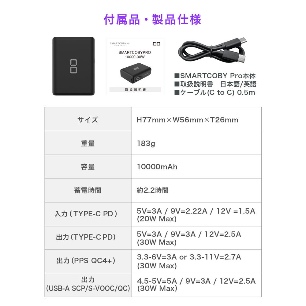 CIO SMARTCOBY Pro 30W Type-C×1 Type-A×1 30W出力対応 10000mAh 急速充電対応 モバイルバッテリー 詳細画像