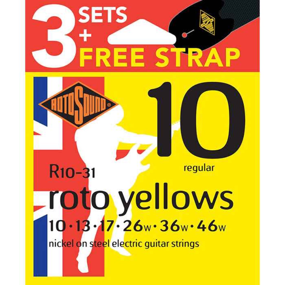 ROTOSOUND R10-31 ROTO YELLOWS 3PACKS WITH STRAP 10-46 エレキギター弦 3セットパック ストラップ付き