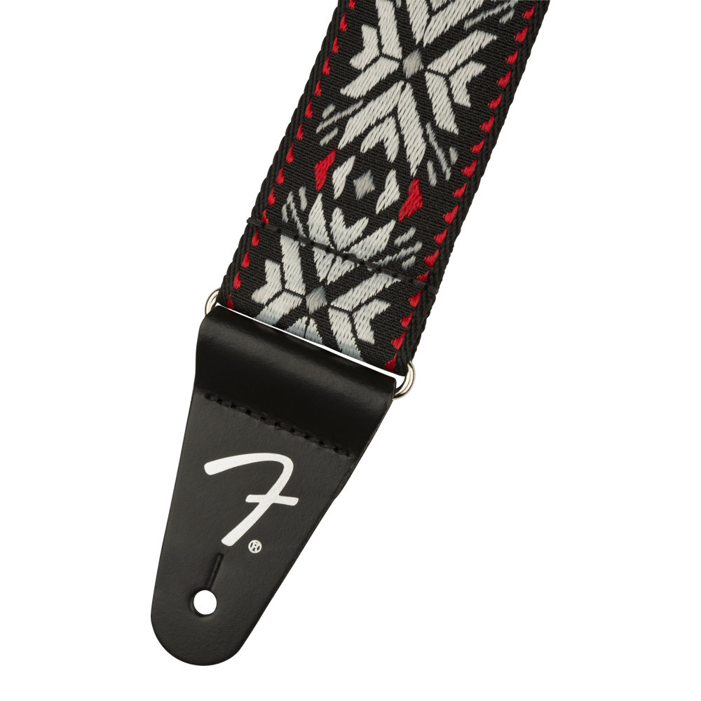 Fender Pasadena Woven Strap Red Snowflake 2' ギターストラップ レザー製のエンド部にはFロゴ入り