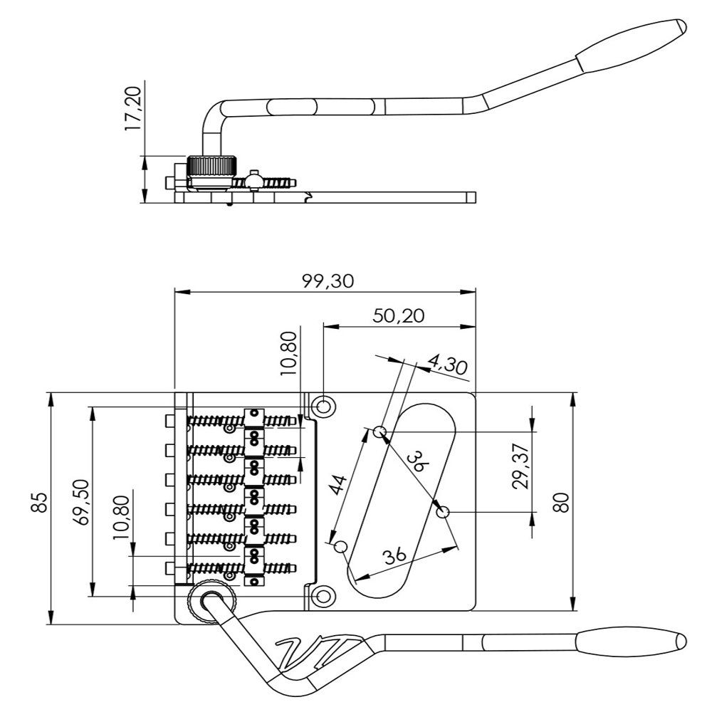Vega-Trem ベガトレム VT2 Teletrem classic without VT Logo arm テレキャスター用ブリッジ 寸法図