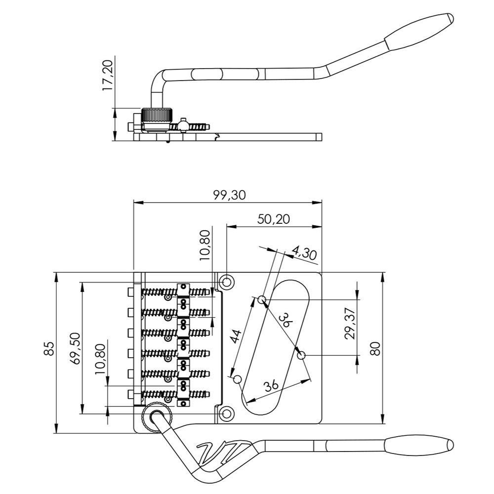 Vega-Trem ベガトレム VT2 Teletrem modern without VT Logo arm テレキャスター用ブリッジ 寸法図