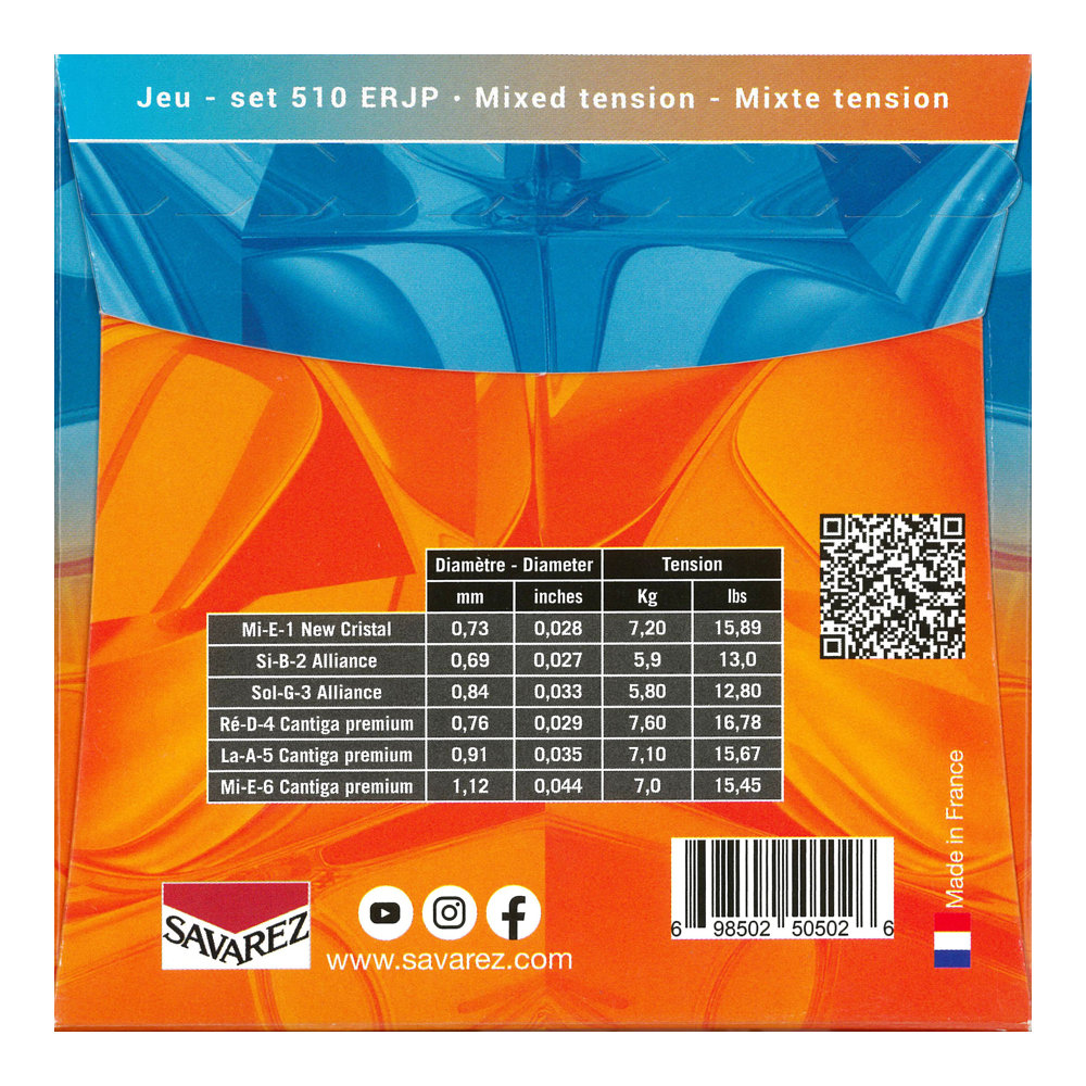 SAVAREZ サバレス 510ERJP Evolution Cantiga PREMIUM Mixed tension クラシックギター弦 パッケージ裏