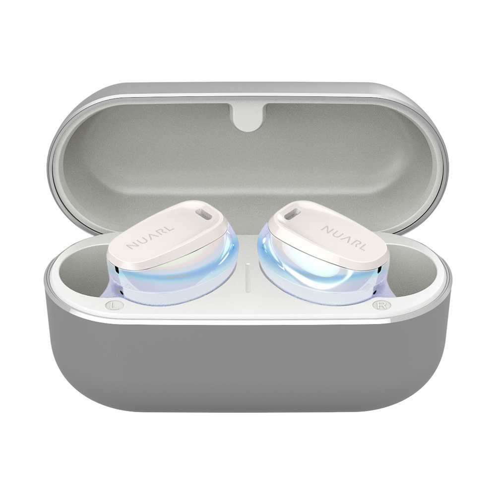 NUARL ヌアール mini3 EARBUDS コンパクト 完全ワイヤレスイヤホン MINI3-AW (オーロラホワイト) 充電ケースにセットした状態