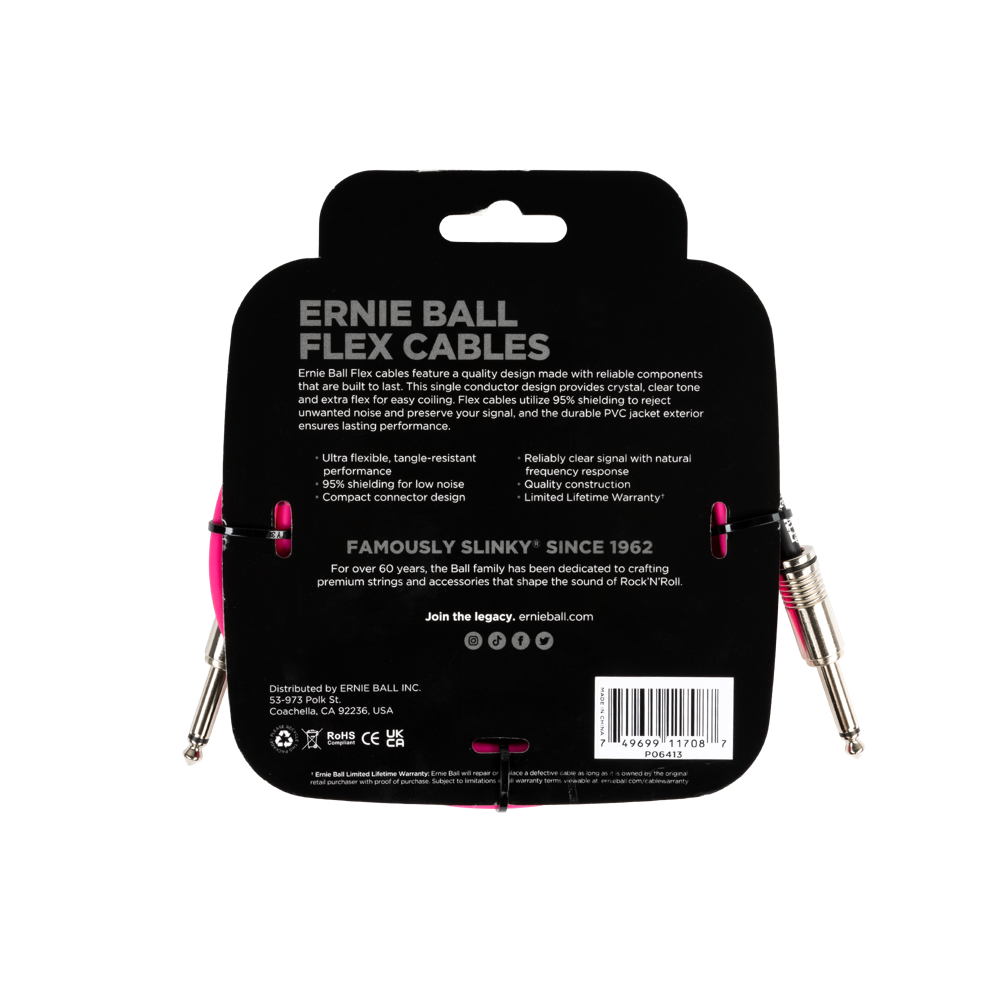 ERNIE BALL アニーボール EB 6413 FLEX CABLE 10’ SS PK 10フィート(約3メートル) 両側ストレートプラグ ピンク ギターケーブル パッケージ裏