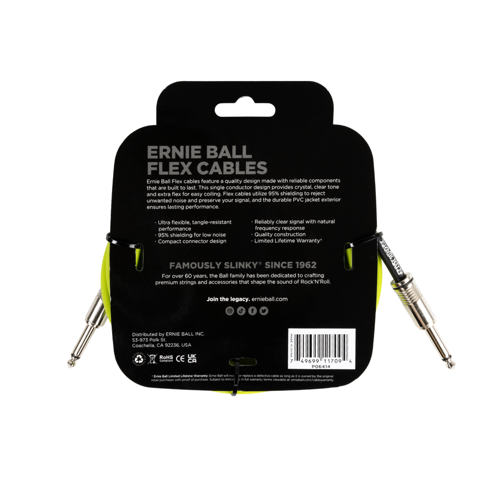 ERNIE BALL アニーボール EB 6414 FLEX CABLE 10’ SS GR 10フィート(約3メートル) 両側ストレートプラグ グリーン ギターケーブル パッケージ裏