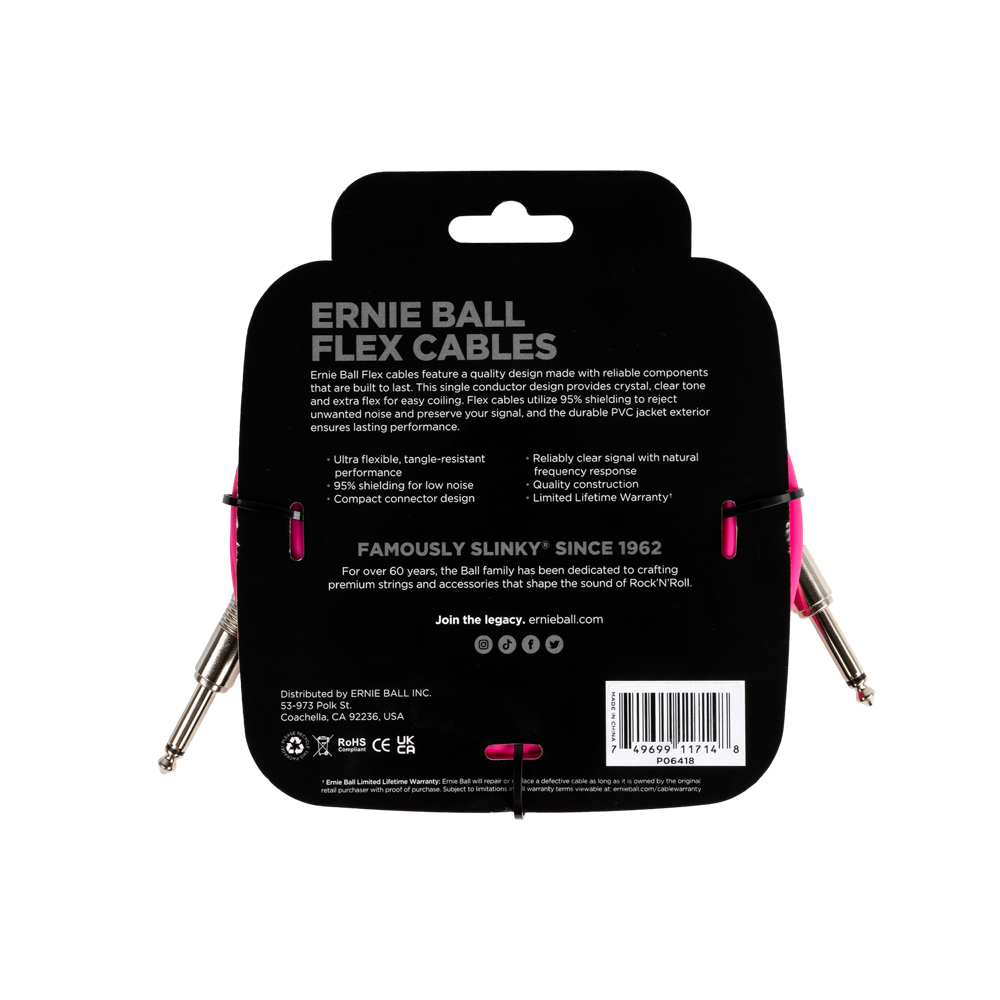 ERNIE BALL アニーボール EB 6418 FLEX CABLE 20’ SS PK 20フィート(約6メートル) 両側ストレートプラグ ピンク ギターケーブル パッケージ裏