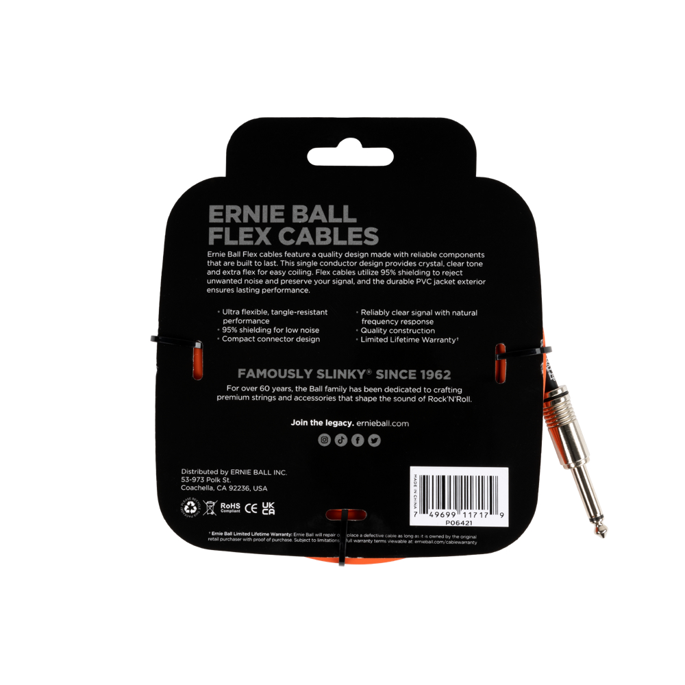 ERNIE BALL アニーボール EB 6421 FLEX CABLE 20’ SS OR 20フィート(約6メートル) 両側ストレートプラグ オレンジ ギターケーブル パッケージ裏