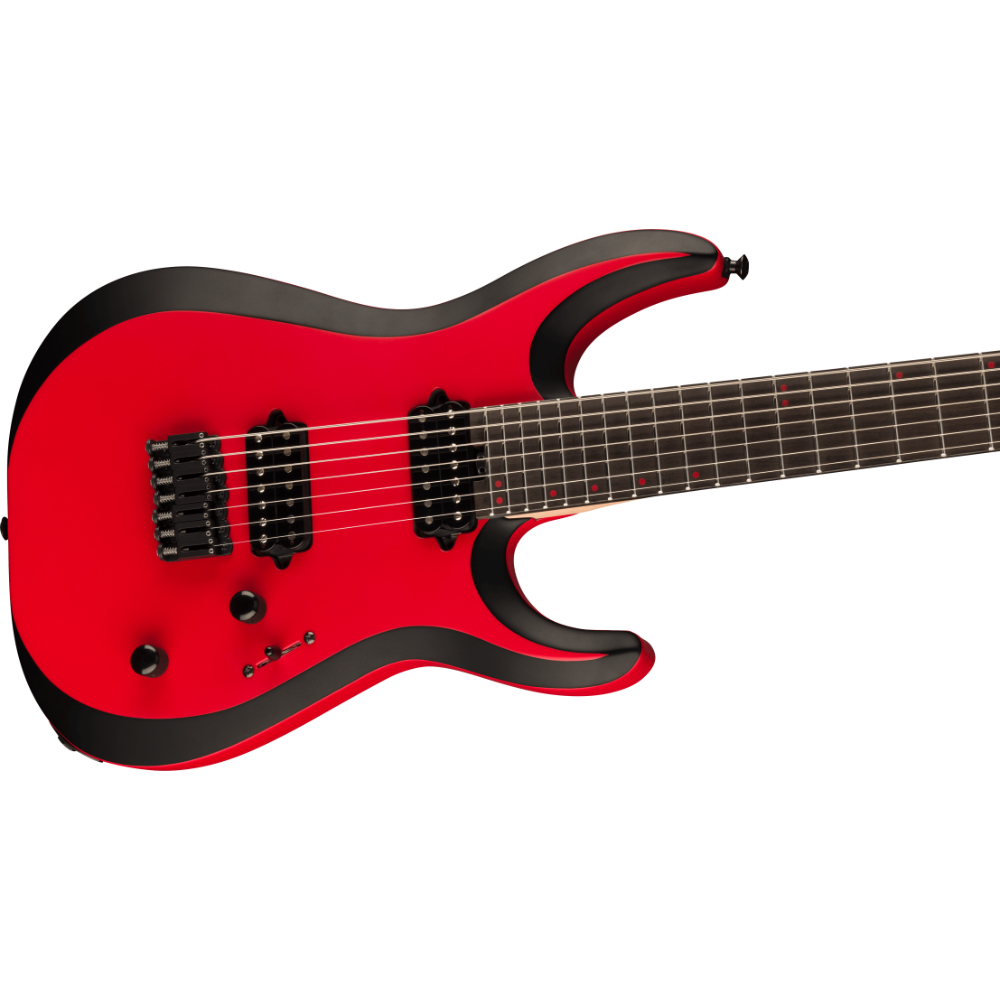 Jackson ジャクソン Pro Plus Series DINKY Modern MDK7 HT Satin Red with Black bevels 7弦エレキギター 斜めアングル画像