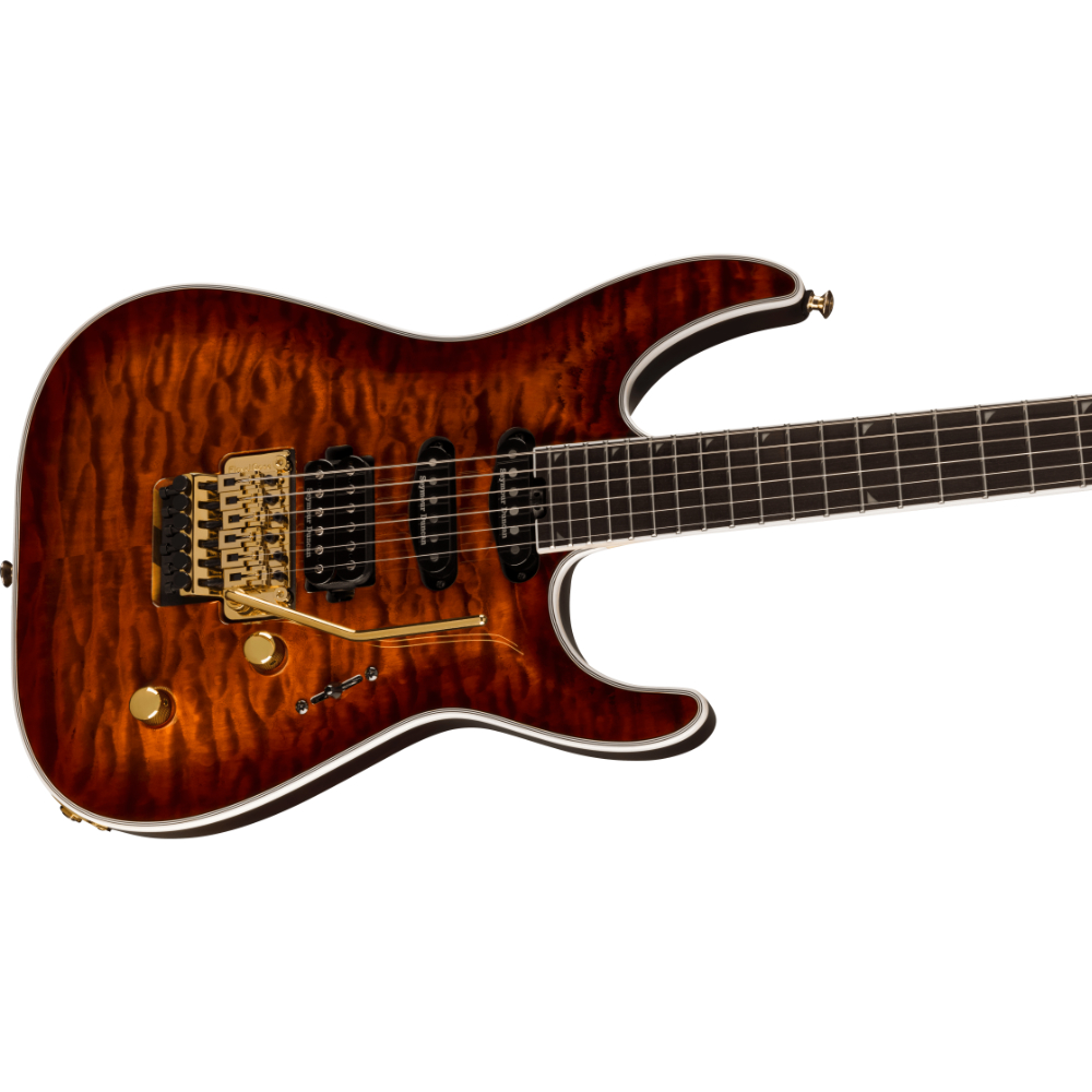 Jackson ジャクソン Pro Plus Series Soloist SLA3Q Amber Tiger Eye エレキギター 斜めアングル画像