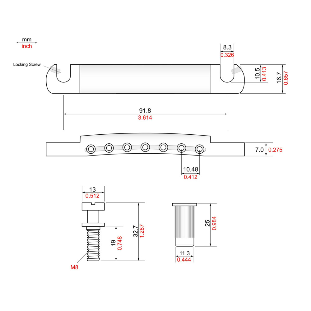TonePros T7Z-C 7String Metric Tailpiece ミリ規格 7弦ギター用テールピースセット スタッド＆アンカー クローム 7弦ギター用テールピース 図面 画像