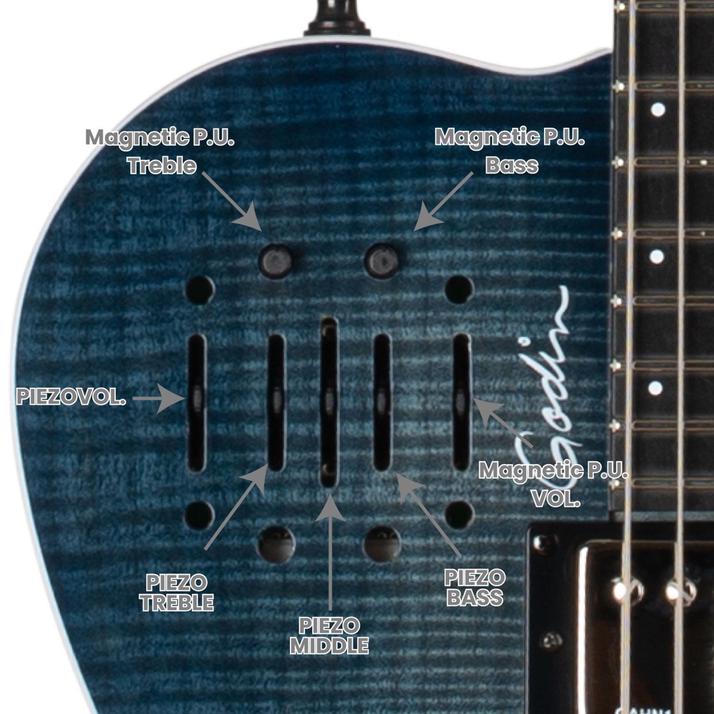 Godin ゴダン A6 ULTRA Denim Blue Flame エレクトリックアコースティックギター コントロール詳細画像