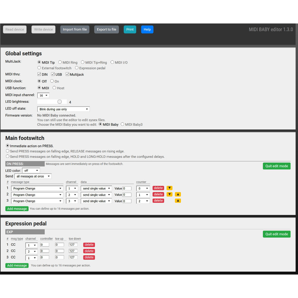 Disaster Area Designs MIDI Baby MIDIコントロールフットスイッチ MIDIBabyエディター画面
