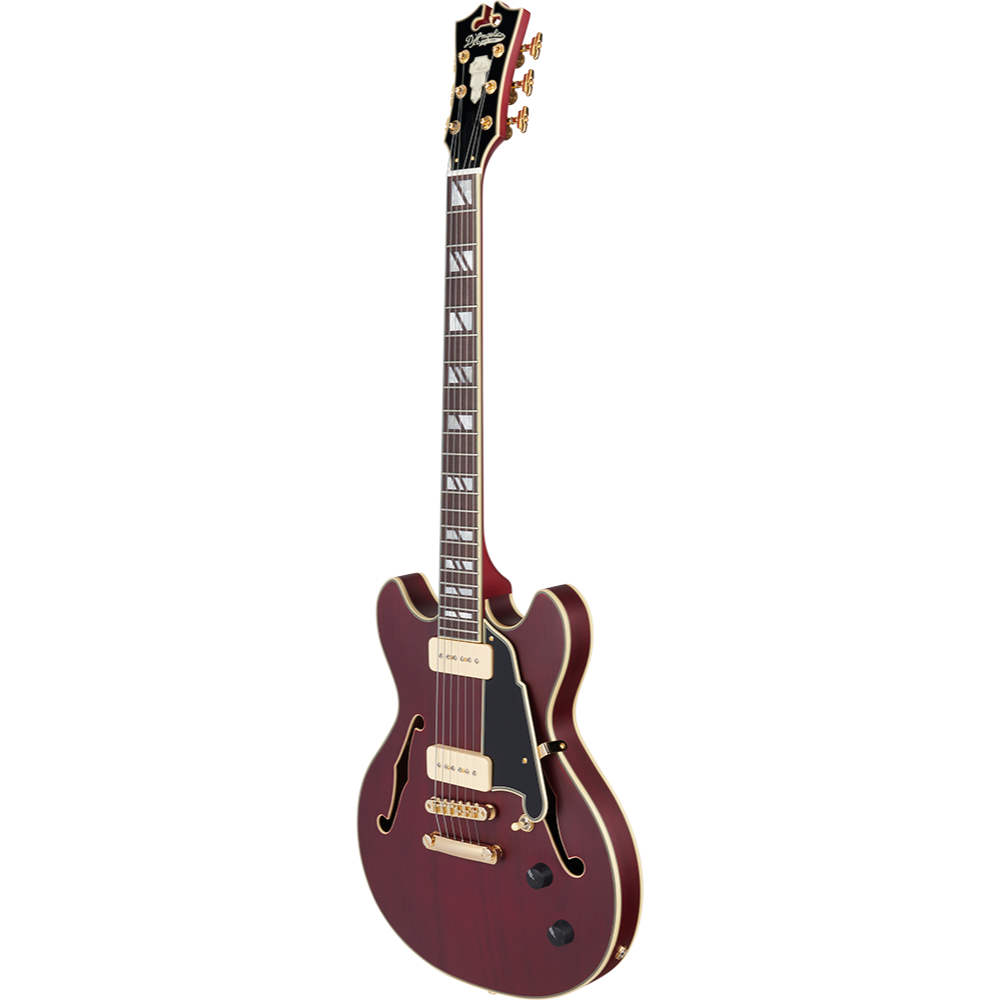 D’Angelico ディアンジェリコ Deluxe Mini DC P-90 Satin Trans Wine エレキギター セミアコ 斜めアングル画像