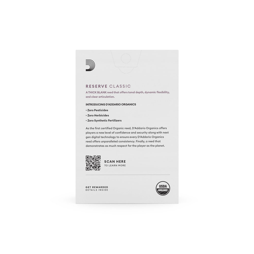 D’Addario Woodwinds ダダリオ ウッドウィンズ B♭クラリネットリード 10枚入り 硬さ：2.5 ダダリオ オーガニックス レゼルヴ クラシック パッケージ裏