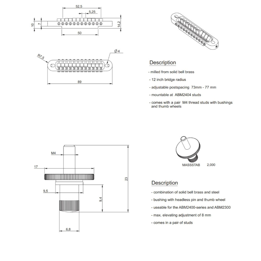 ABM エービーエム ABM2412g-RO 12弦ギター用 ナッシュビルブリッジセット(ミリ規格) ゴールド サイズ表