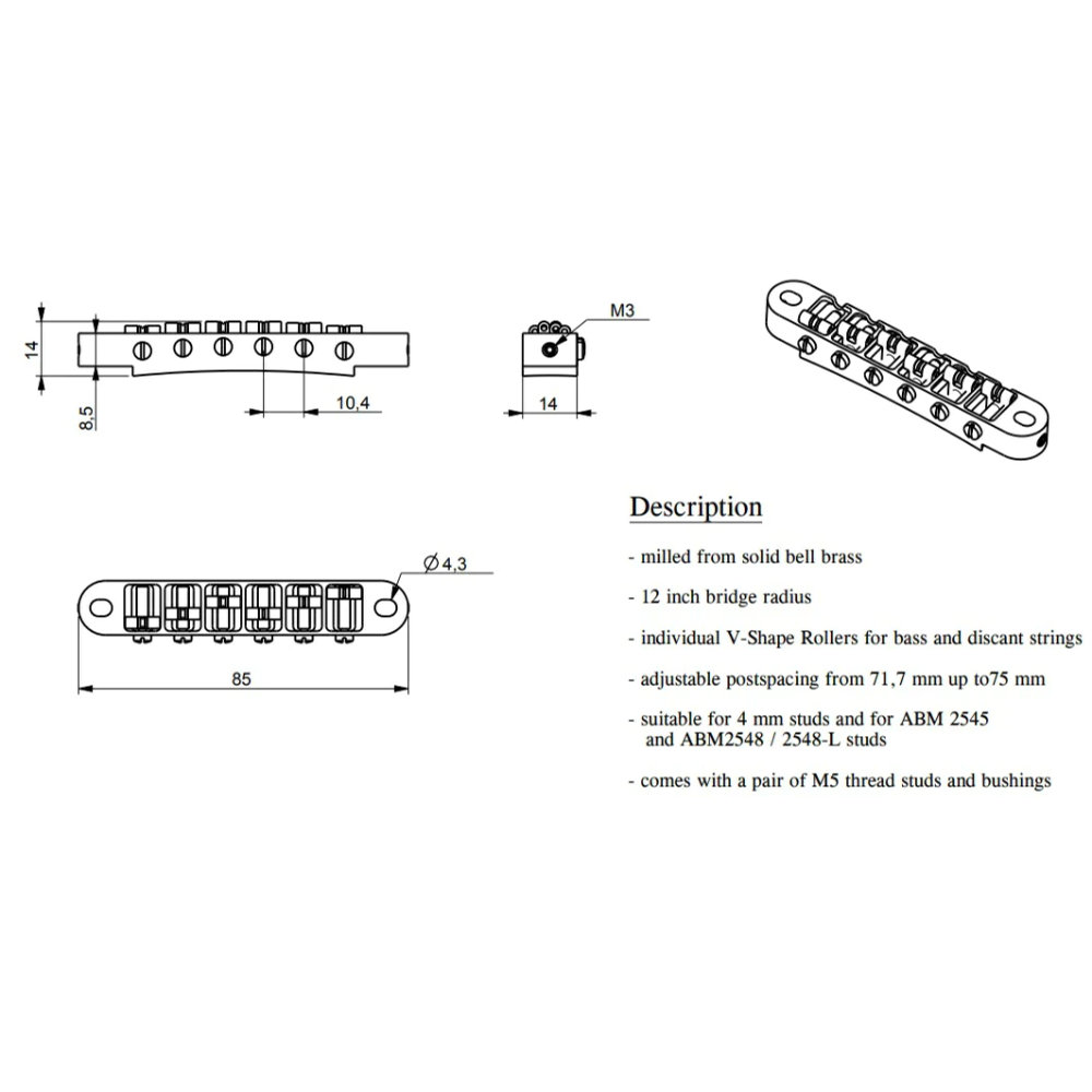 ABM エービーエム ABM2400C-RO ローラーサドル ナッシュビルブリッジセット インチ規格 クローム ギターパーツ サイズ表