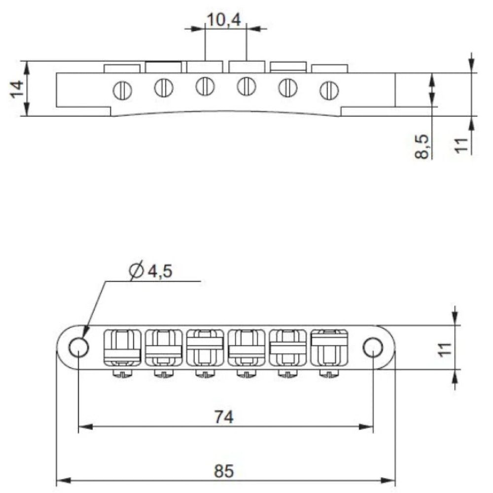 ABM エービーエム ABM2500C ABR-1タイプブリッジ クローム インチ規格 ギターパーツ サイズ表