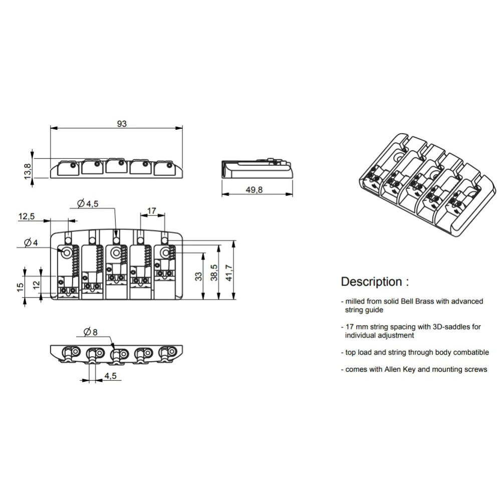 ABM エービーエム ABM3705G17 MkII 5弦ベース用ベルブラスブリッジ 弦間17mm ゴールド エレキベース用パーツ サイズ表