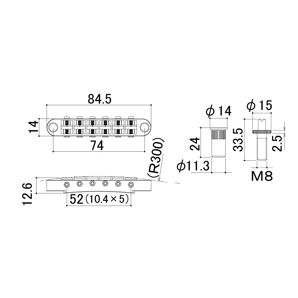 SCUD スカッド GE103BTN-BS ギター用ブリッジ ニッケル サイズ図画像