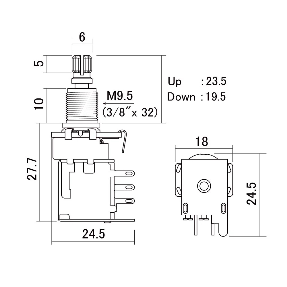 SCUD スカッド PUSHPUSH-250A 250KΩ Aカーブ ミリサイズ プッシュ-プッシュ ポット サイズ図画像