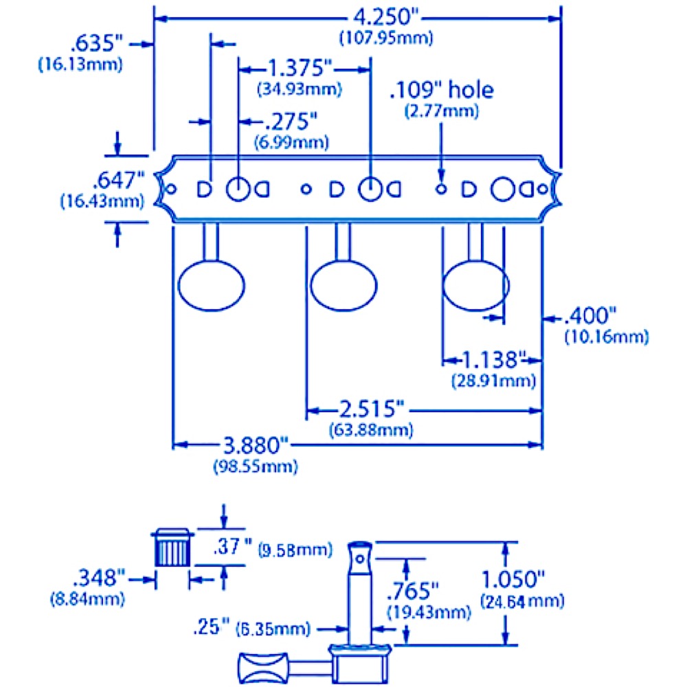 Birdland バードランド Original 119-04-005 3連ペグ メタルノブ ブラス サイズ画像