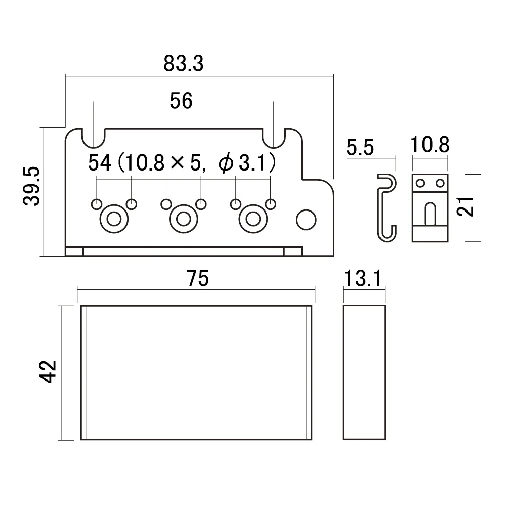 SCUD スカッド HK-02CS/SB クローム 2点式 シンクロナイズド トレモロユニット サイズ図画像