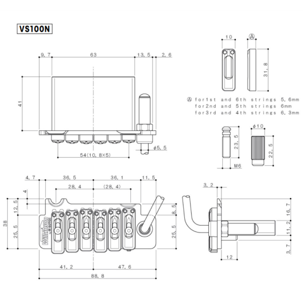 ゴトー GOTOH VS100N-HC ギター用トレモロユニット ウィルキンソンタイプ サイズ詳細