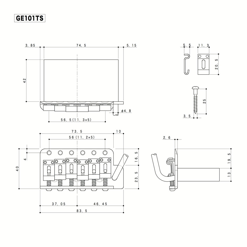 ゴトー GOTOH GE101TS-C ギター用トレモロユニット クローム 6点止め サイズ詳細