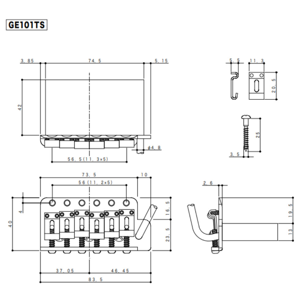 ゴトー GOTOH GE101TS RELIC ギター用トレモロユニット エイジドクローム サイズ詳細