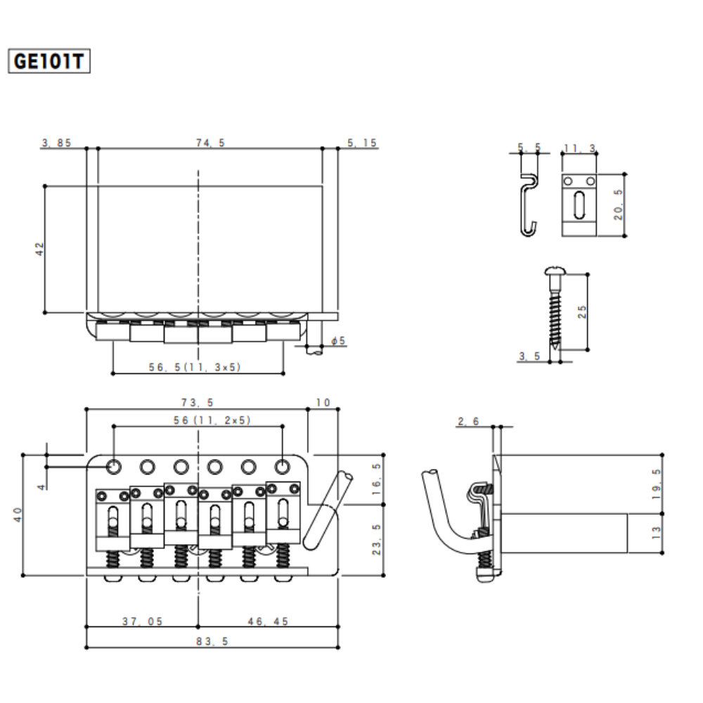 ゴトー GOTOH GE101T-GG ギター用トレモロユニット ゴールド 6点止め サイズ詳細