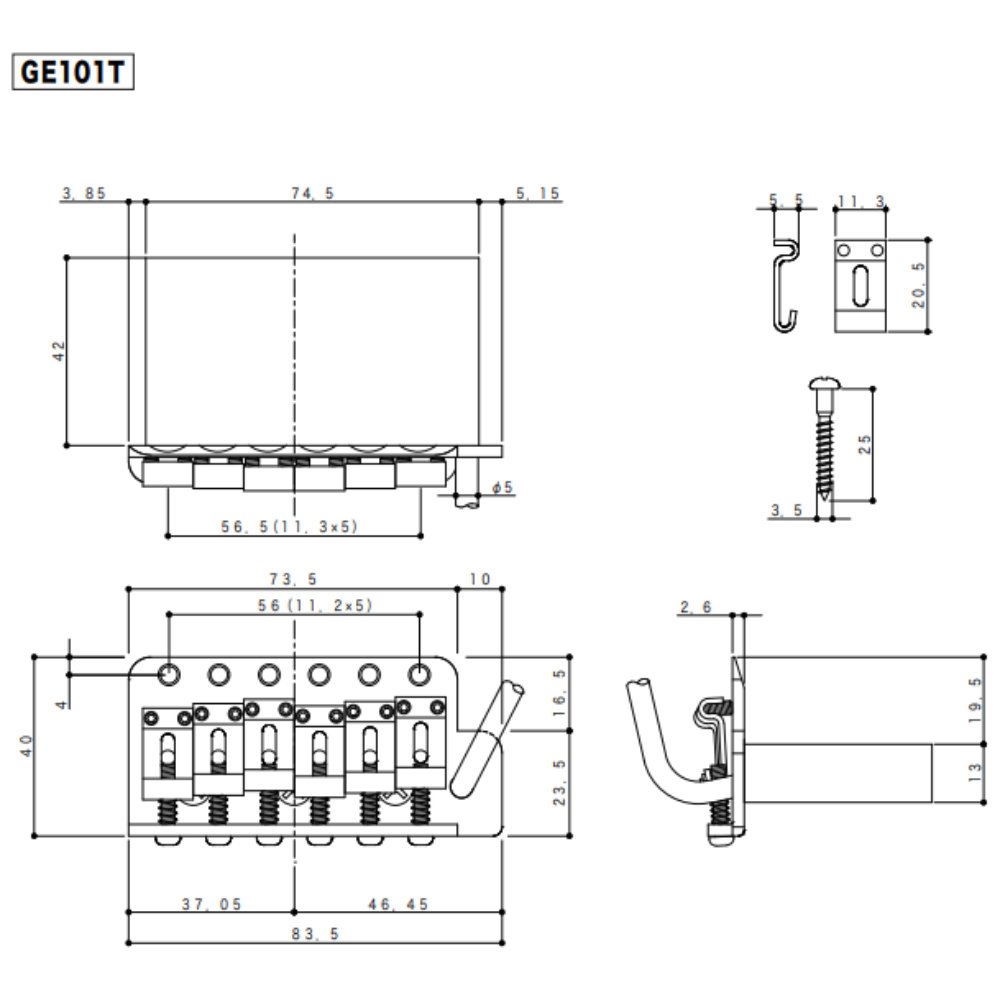 ゴトー GOTOH GE101T-C ギター用トレモロユニット クローム 6点止め サイズ詳細