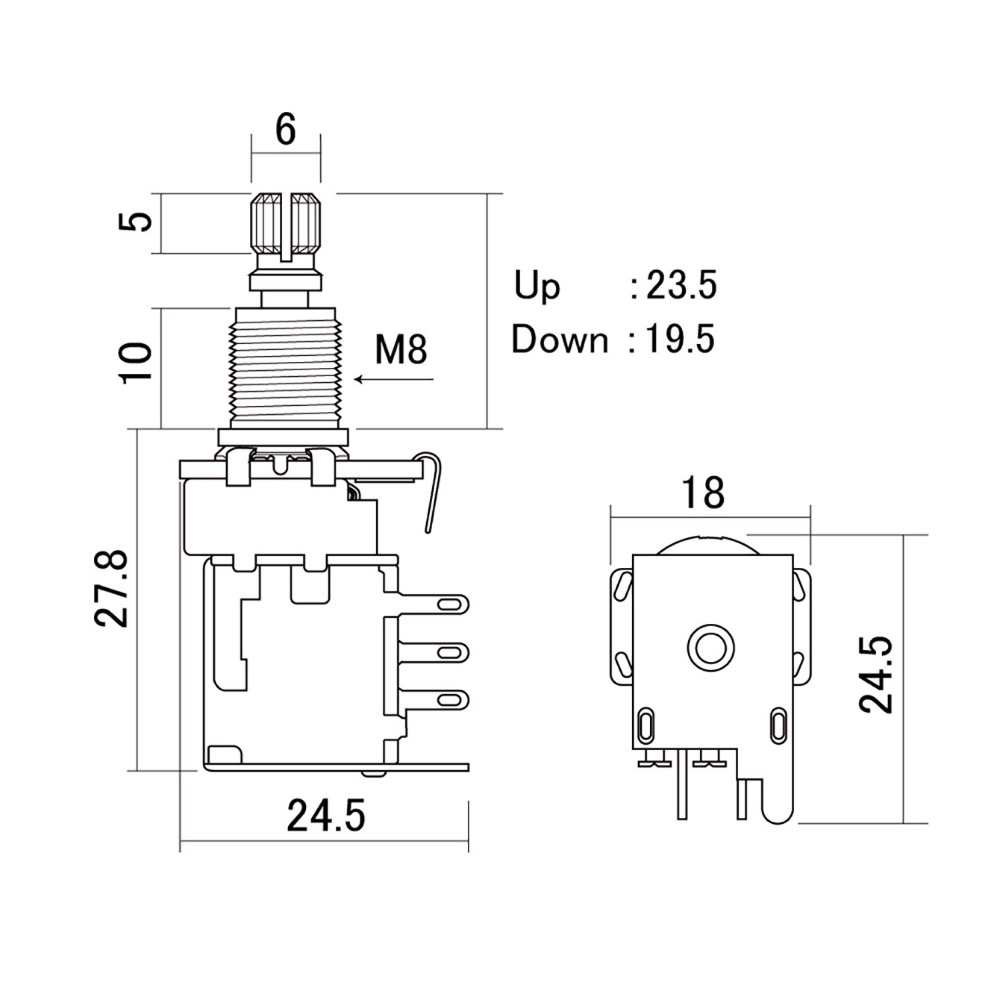スカッド SCUD PU-PUSH-500A 500KΩ Aカーブ ミリサイズ プッシュ-プッシュ ポット 寸歩図