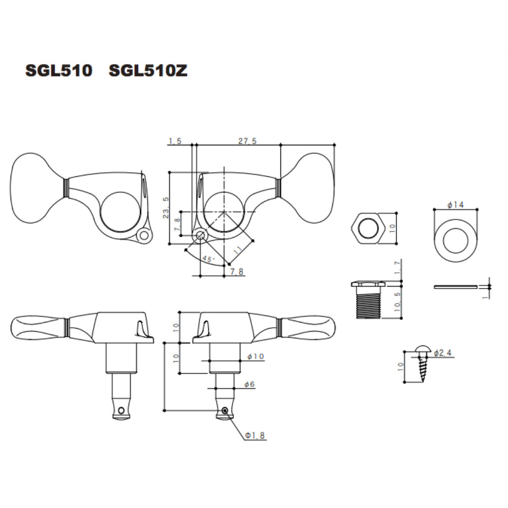 ゴトー GOTOH SGL510-L5-L3R3-Chrome ギター用ペグ サイズ詳細