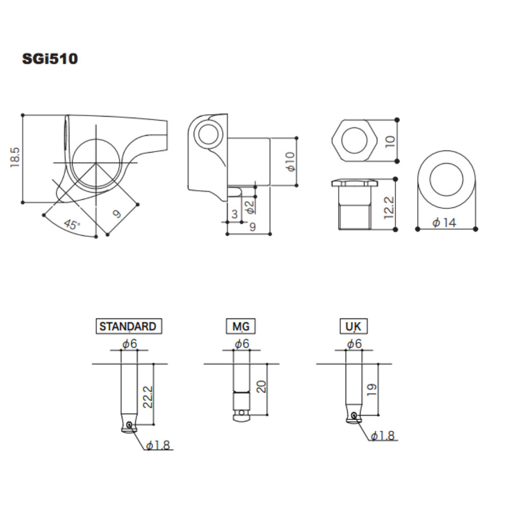 ゴトー GOTOH SGi510-MG-S5-L6-Gold ギター用ペグ サイズ詳細
