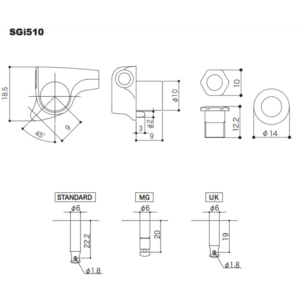 ゴトー GOTOH SGi510-L5-L3R3-Chrome ギター用ペグ サイズ詳細