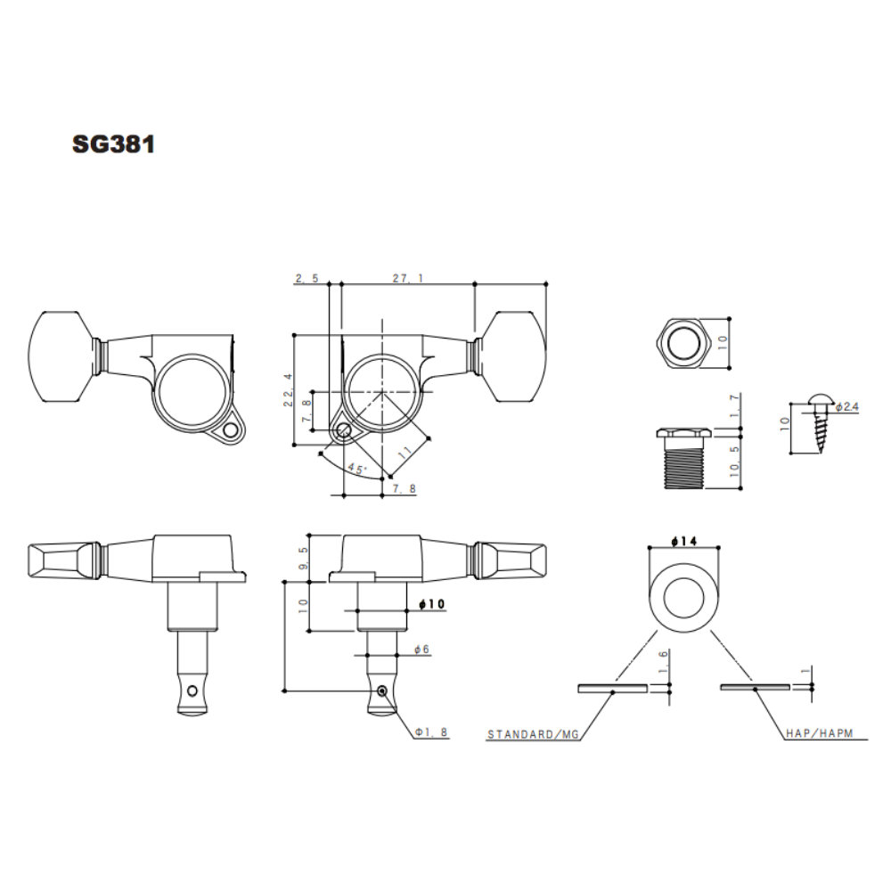 ゴトー GOTOH SG381-MG-01-L3R3-Gold ギター用ペグ サイズ詳細