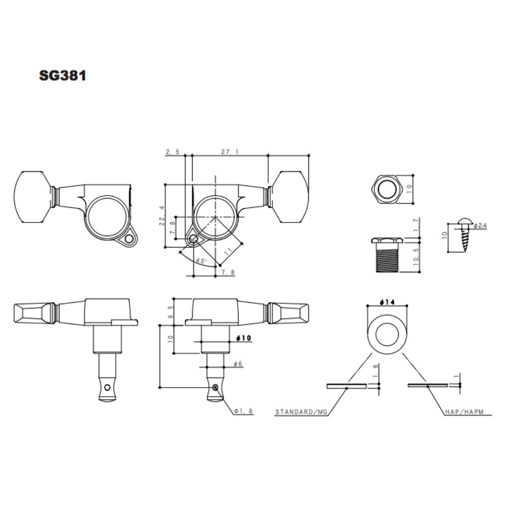 ゴトー GOTOH SG381-MG-01-L3R3-Chrome ギター用ペグ サイズ詳細