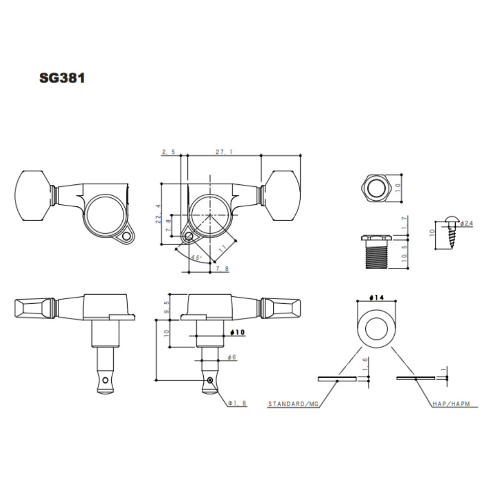 ゴトー GOTOH SG381-07-L6-Gold ギター用ペグ サイズ詳細