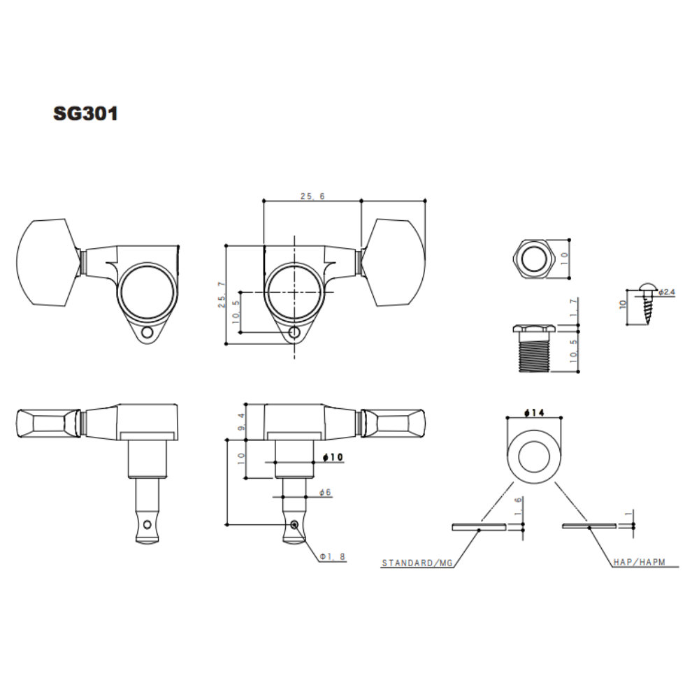 ゴトー GOTOH SG301-MG-01-L3R3-Gold ギター用ペグ サイズ詳細
