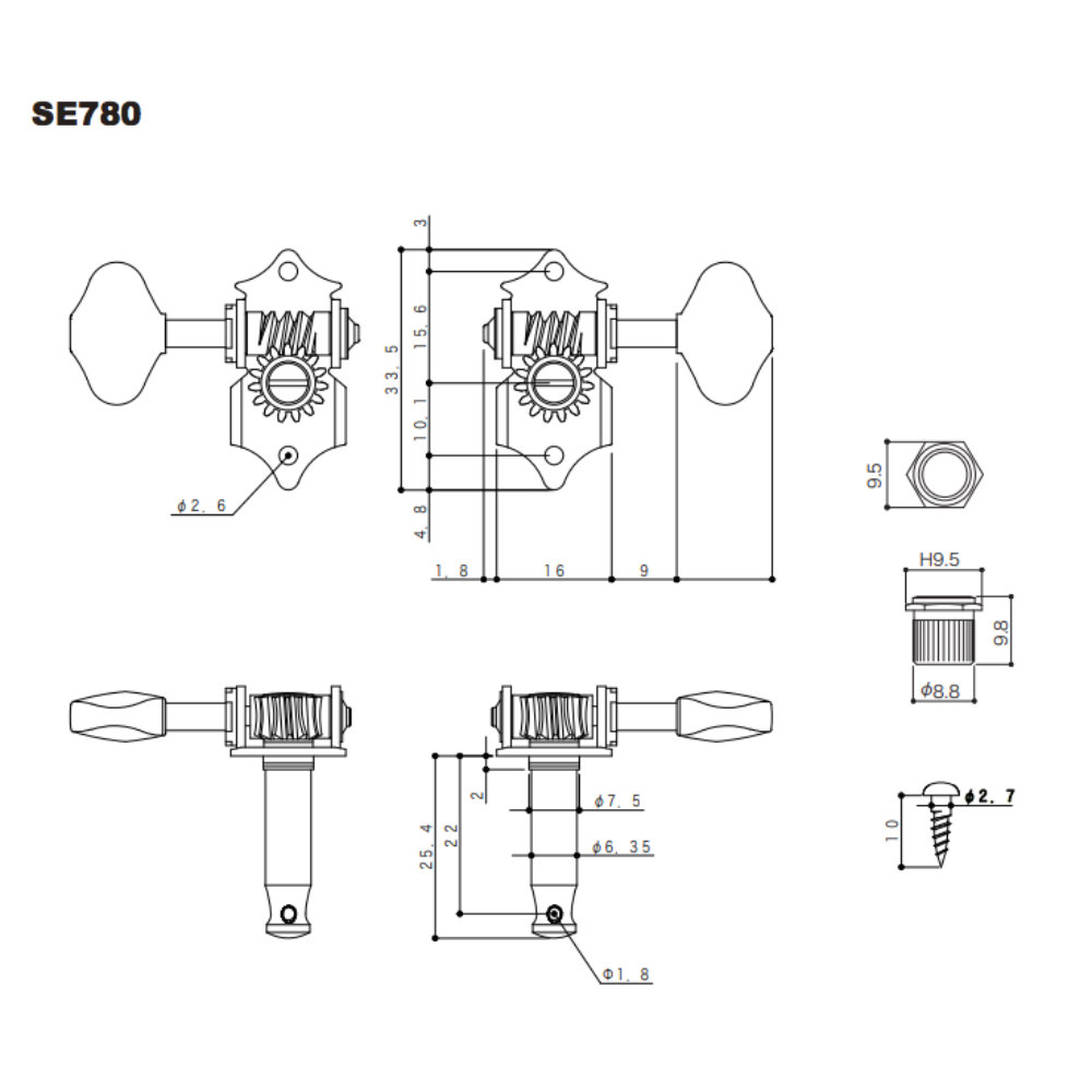 ゴトー GOTOH SE780-06M-L3R3-Nickel ギター用ペグ サイズ詳細